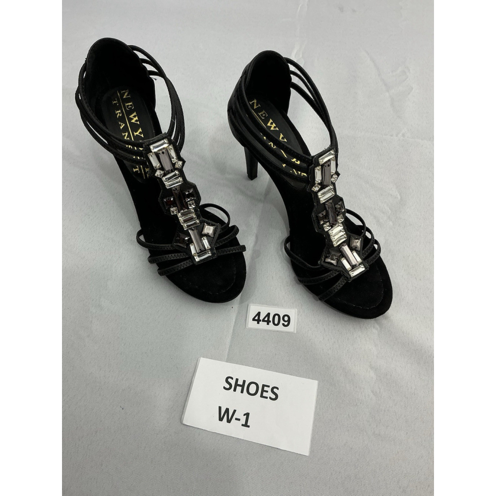 Womans NY Transit Stiletto Sandals 6.5 M Strappy Open Toe Slip On Black Accent